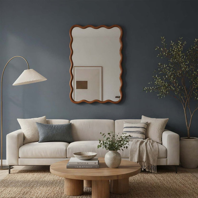 Élégant miroir à cadre rectangulaire en bois ondulé pour la décoration intérieure, Yellowish-Brown