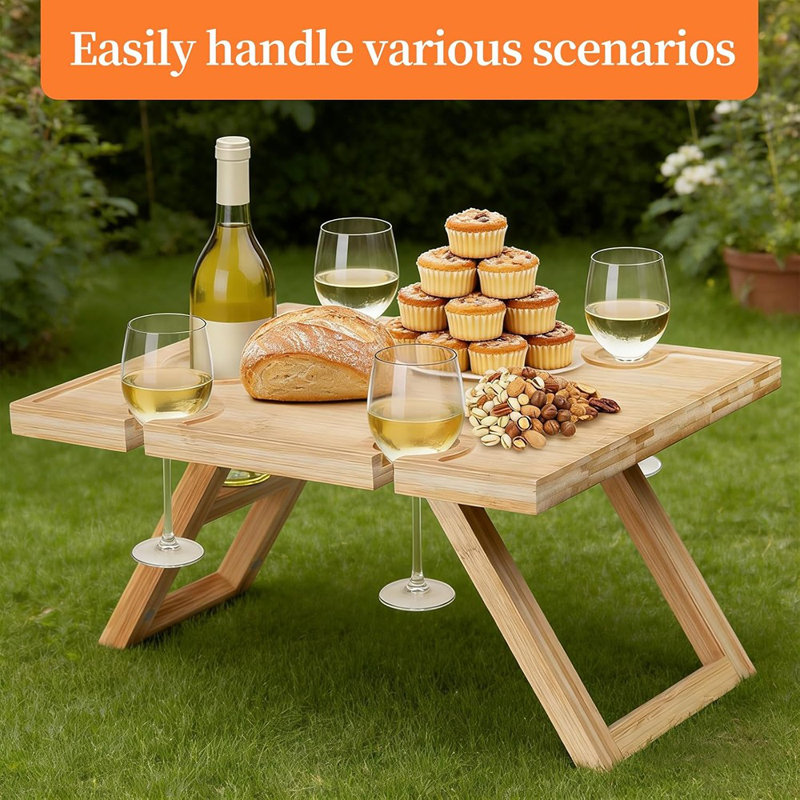 "Table à vin et à collation pliante avec 5 porte-verres - Champagne compact, fromage et table à collation pour le camping, la plage ou le parc"