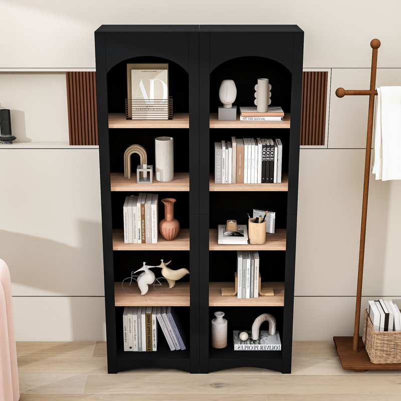 Bibliothèque rustique en bois H 72,2 "x 39,2" avec tablettes réglables, dispositif anti-basculement, Noir