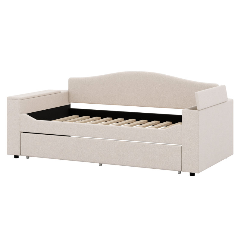 Upholstered Daybed With Storage Armrests,Trundle And Latest Integrated Bluetooth Audio System., Beige