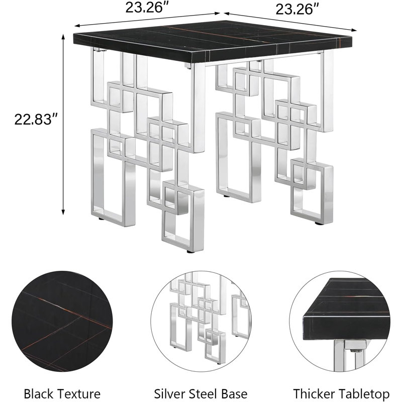 Yendy Solid Wood Top End Table, Black Top/Silver Base