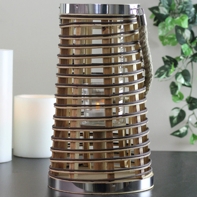 Rustic Brown and Silver Glass Hurricane Candle Lantern with Jute Handle