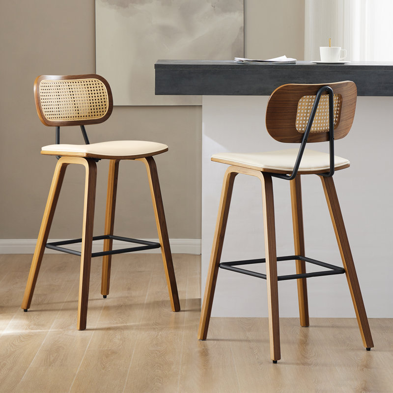 Upholstered Rattan Counter & Bar Stool, 3, Counter Stool (27.17"" Seat Height)", White Boucle