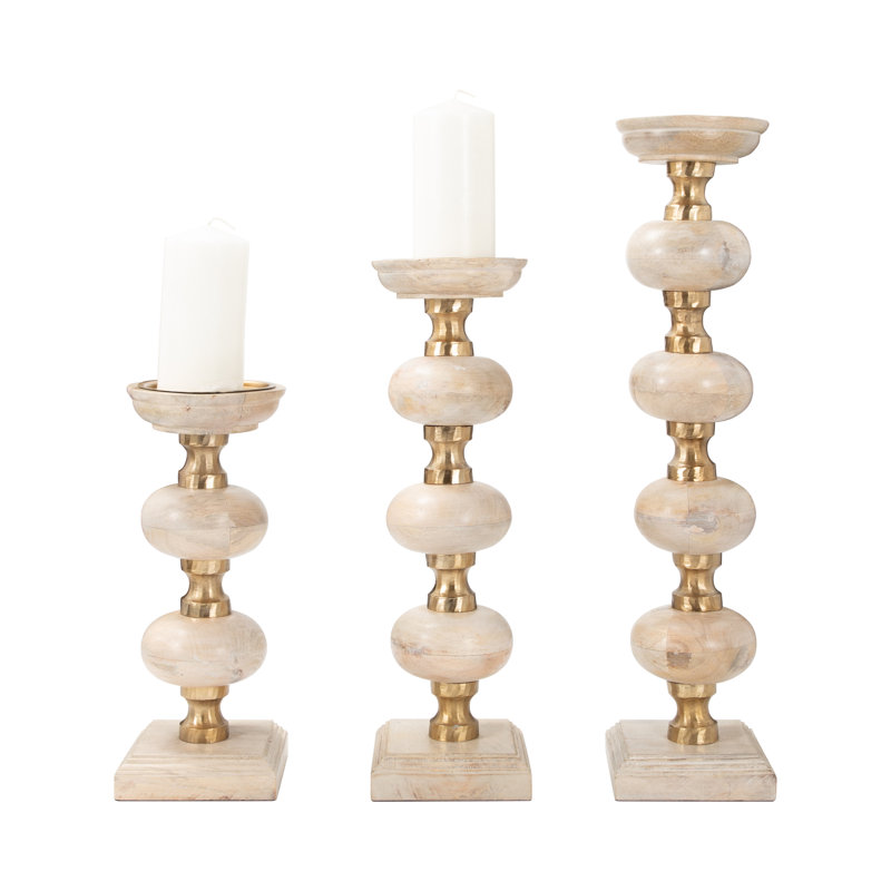 Foxx Modern Candle Holder Set with Sculptural Stacked Wood Base - Decorative Tabletop Candle Holders for Dining Table, Entryway, or Shelf Decor - Transitional Home Accent Trio - Set of 3, 14", 19", 23"