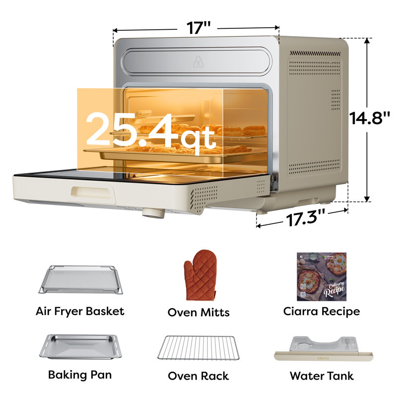 Four grille-pain à frire à air pulsé 1200 W 12-en-1 CIARRA, four à convection de 25,4 pte avec autonettoyant, contrôle tactile numérique, convient à la pizza et au poulet entier de 12 po, acier inoxydable blanc