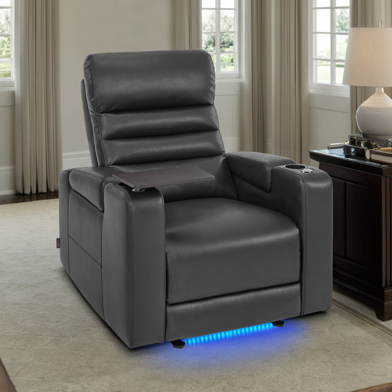 Zero-Gravity Power Reclining Home Theatre Seating with Adjustable Headrest & Swivel Tray, Dark Grey, Faux Leather