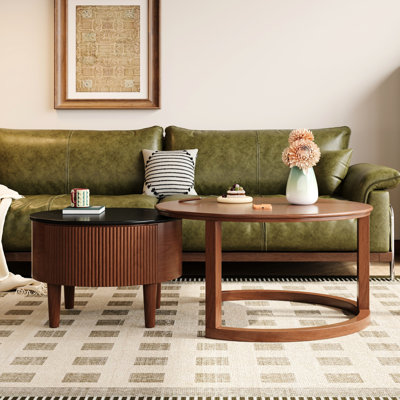 Black & Walnut Vintage Round Nesting Coffee Table, 31.5'' Dimensions, Space - Saving And Functional Table With Fluted Drawer, Two Tone Finish, Size, Versatile For Living Areas