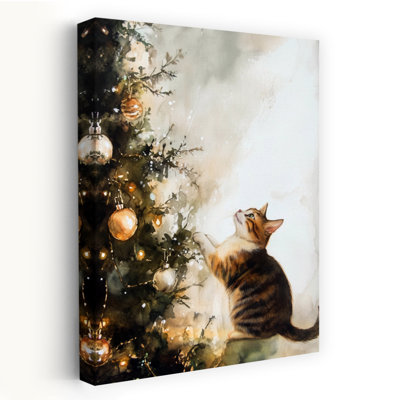 Playful Christmas Cat Playful Abstract Contemporary Christmas Tree Cat Winter Landscape Wall Art Print 1 Piece Wrapped Canvas Wall Art
