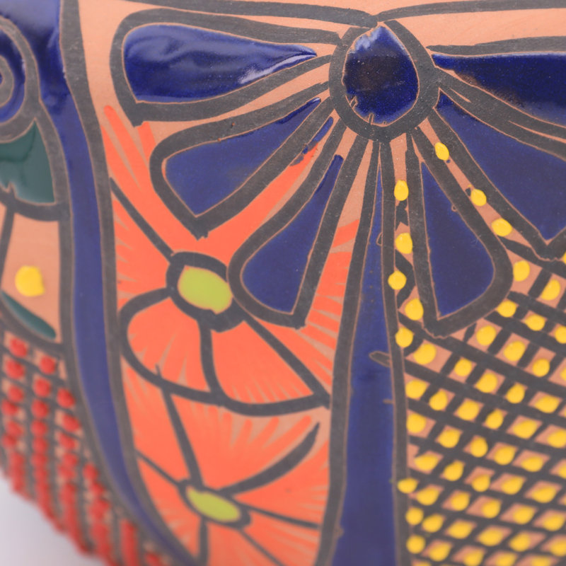 Talavera 13"H Detailed Talavera Octogonal Ceramic Chata Planter, Orange/Green