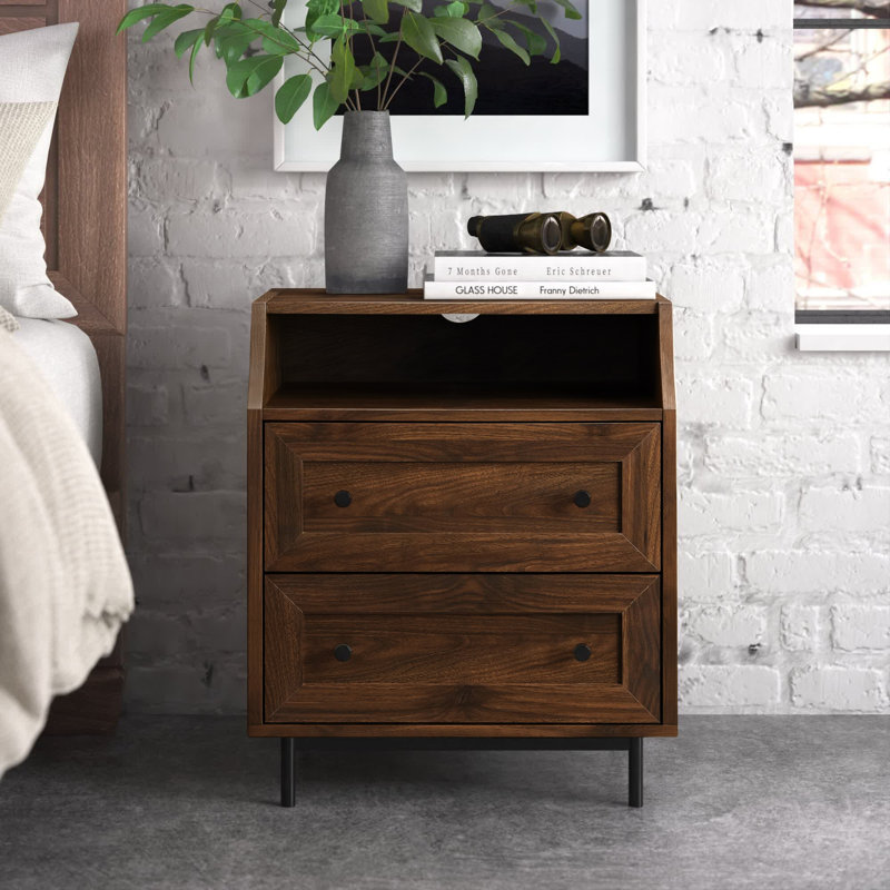 Table de chevet 2 tiroirs Caidee avec double port USB, Noyer foncé
