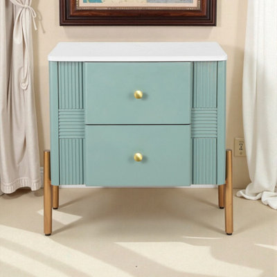 Table de chevet cannelée 22 po avec poignées dorées, table de chevet moderne 2 tiroirs 22 po