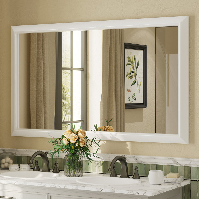 Amara Tempered Glass and Aluminum Alloy Framed Wall Mirror, Matte White, 55" x 32"