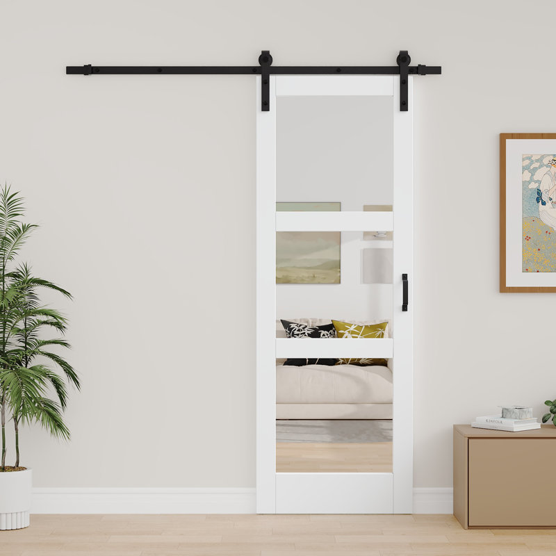 Porte de grange en verre massif et manufacturé avec miroir, 30 po x 84 po, Avec fermeture en douceur