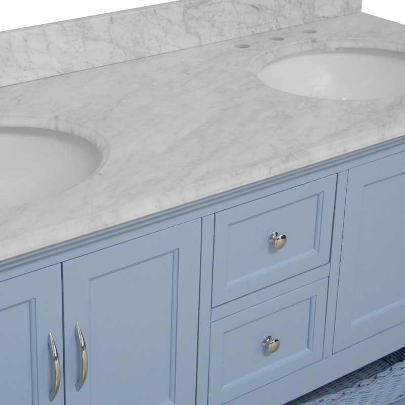 Hampton 60'' Double Bathroom Vanity with Top, Carrara Marble, Powder Blue
