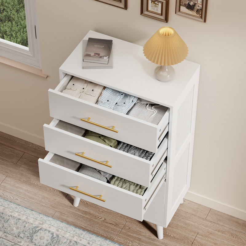 White 5-Drawer Dresser with Gold Handles and Deep Storage