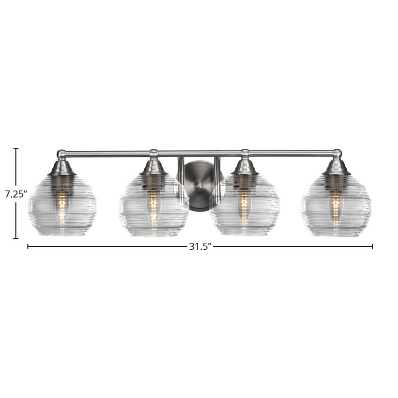 Michell 4 Light Bath Bar Shown With 6" Clear Ribbed Glass, Brushed Nickel