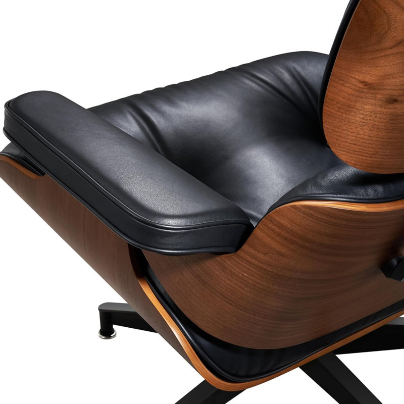 Lounge chair with Solid Wood, Black/Dark Brown Genuine Leather