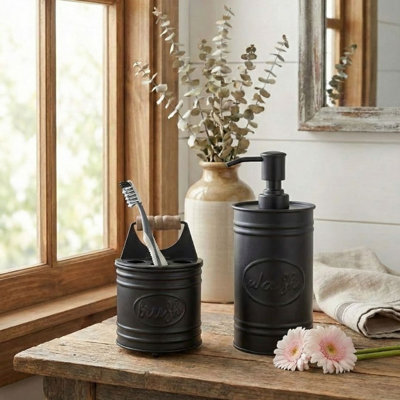 Maryl Rustic Matte Black 2 PC Bathroom Accessory Set With Farmhouse Soap Dispenser