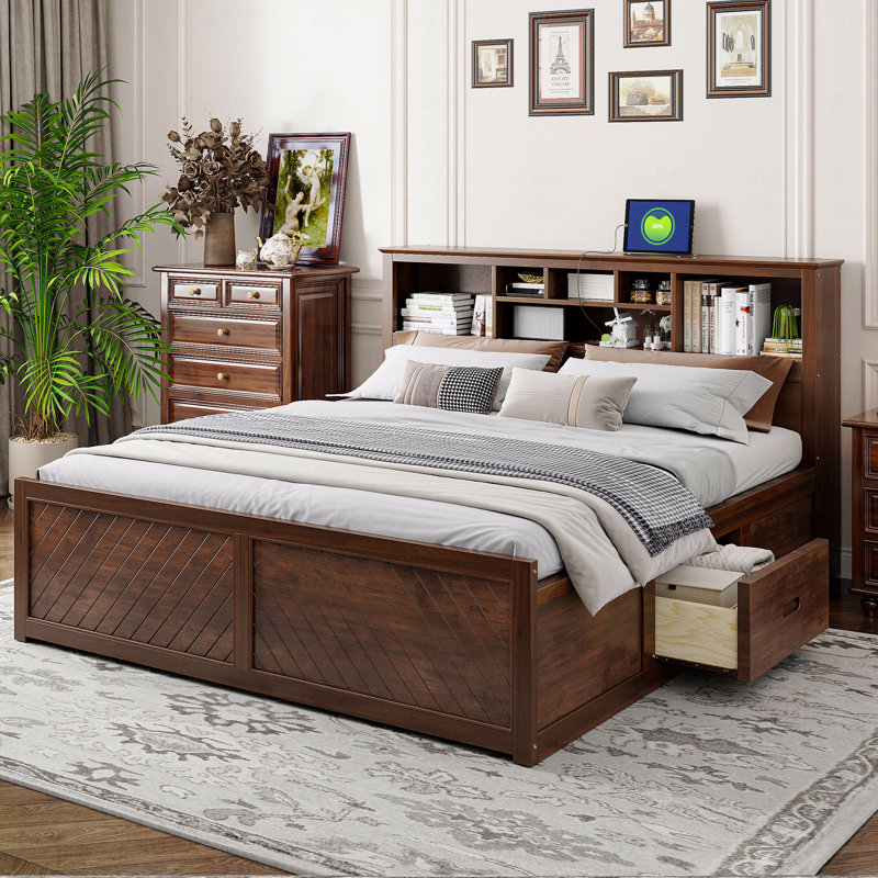 Structure de lit plateforme très grand en bois, tête de lit multi-rangement, USB, Brun