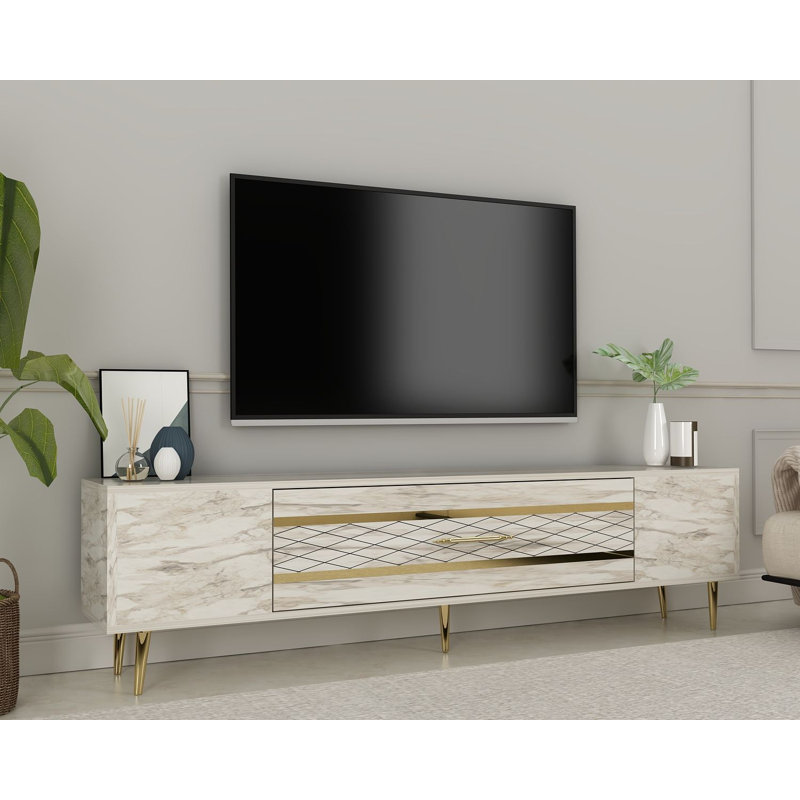 Catena Elegant TV Stand with Ephesus Marble & Gold, 59.1 x 19.0 x 13.8 inches | 100% Melamine Coated Particle Board, Wall-Mountable | Stylish & Functional Design for Modern Living Rooms, Supports Organized Entertainment