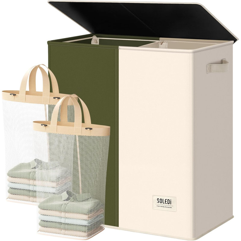 Luxury Double Laundry Hamper With Lid And Removable Bags, Large Hamper For Laundry, Laundry Basket 2 Sections, Collapsible Ditry Clothes Hamper For Bedroom, Laundry Room, Bathroom, Off-White