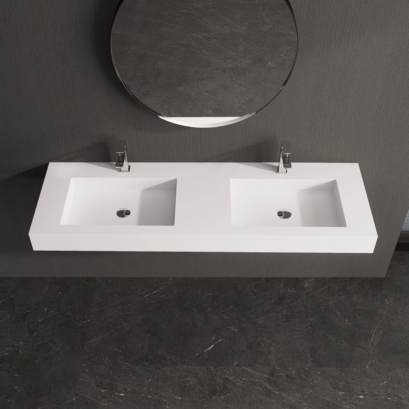 59'' Rectangular Stone Resin Double Bathroom Sink With Faucet Holes, White