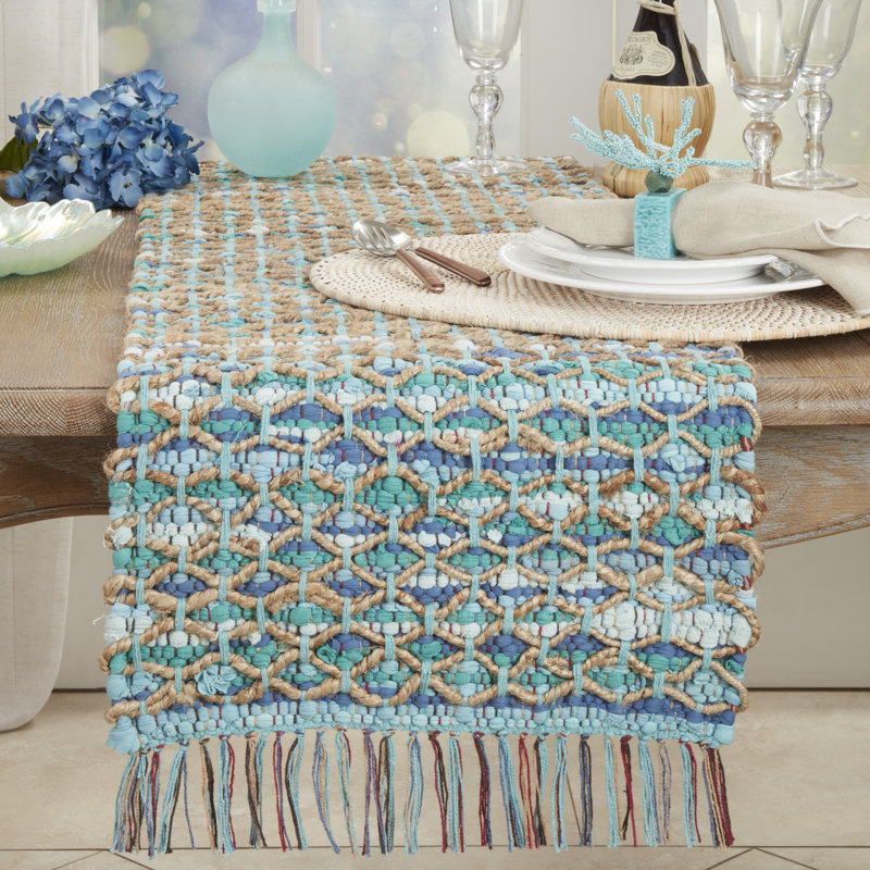 Handwoven Blue and Beige Chindi Table Runner, 16"x72"
