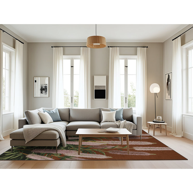 Tapis botanique brun lavable à la machine, Rectangulaire 8 pi x 10 pi
