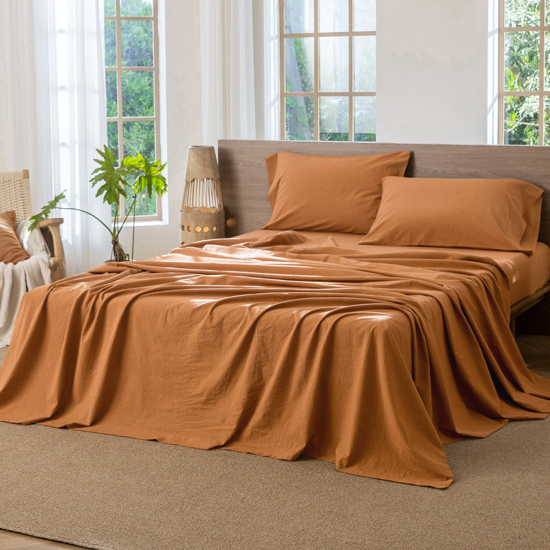 Drap plat 100% coton lavé MooMee, Drap plat de taille très grand, Orange brûlé
