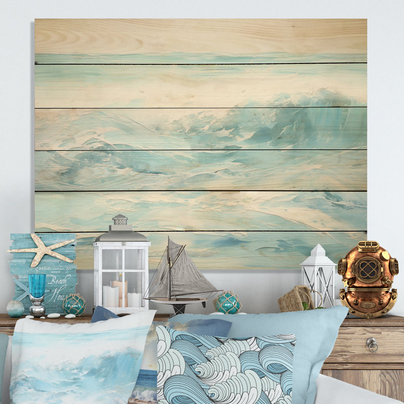«Simplicity» bleu et blanc, plage, vagues côtières, art mural sur bois de pin naturel, H 30 po x l 40 po