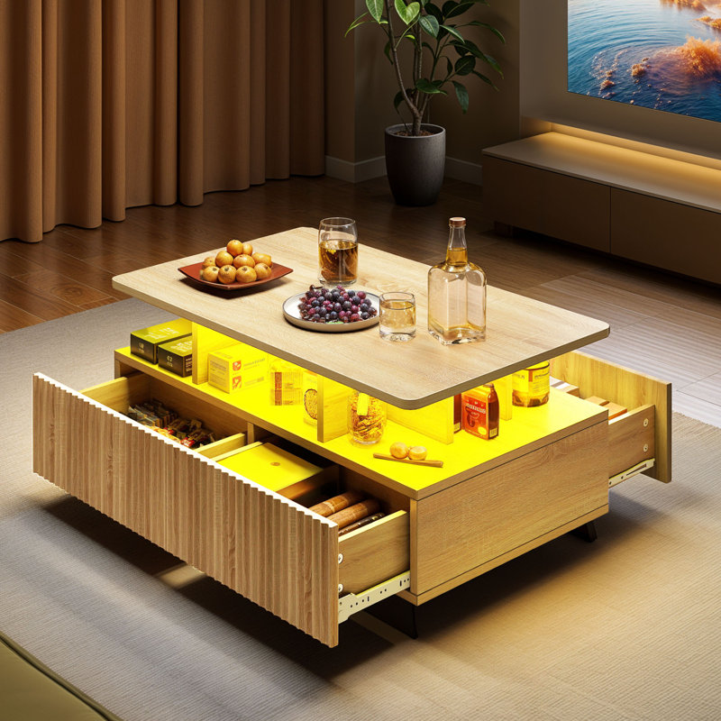 Table basse à DEL avec rangement, tiroirs et tablette ouverte