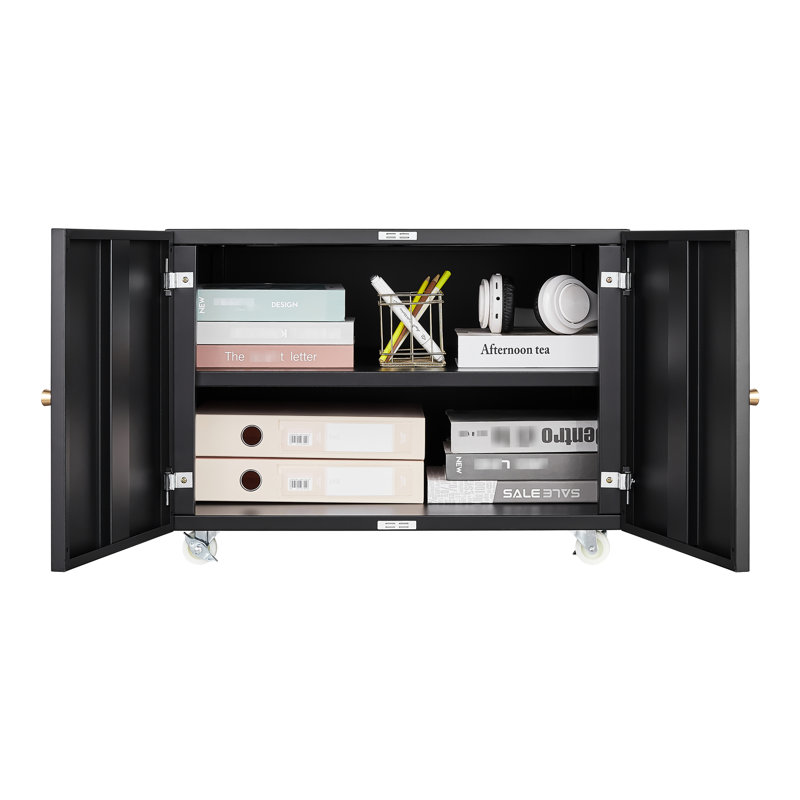 Black 2 Door Steel Printer Cabinet With Smooth Spray Surface And High Strength Magnetic Suction Office Mobile File Cabinets - 4 Wheels Secure Storage