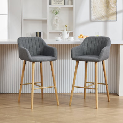 Modern Bar Stools Set Of 2, Kitchen Island Tall Chairs With Back, Arm, Footrest And Solid Wood Leg, Linen Fabric Upholstered