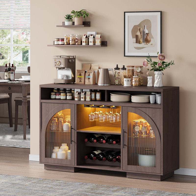 Bar 54 "avec lumières DEL, support à vin et tablettes réglables pour la salle à manger, Brun