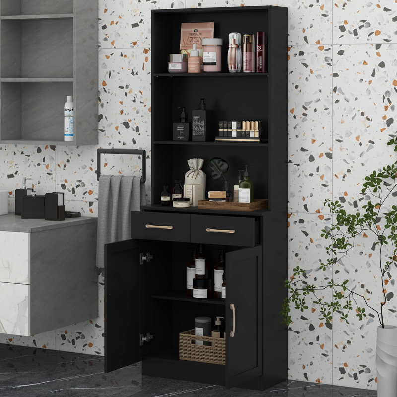 Armoire de rangement pour salle de bain, armoire avec deux portes et tiroirs, tablette ouverte à trois couches, panneau de fibres à densité moyenne, tablette réglable