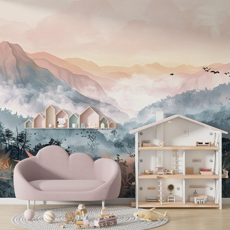 Soft Blush Tropical Mountain Landscape Wall Mural, 108" L x 160" W