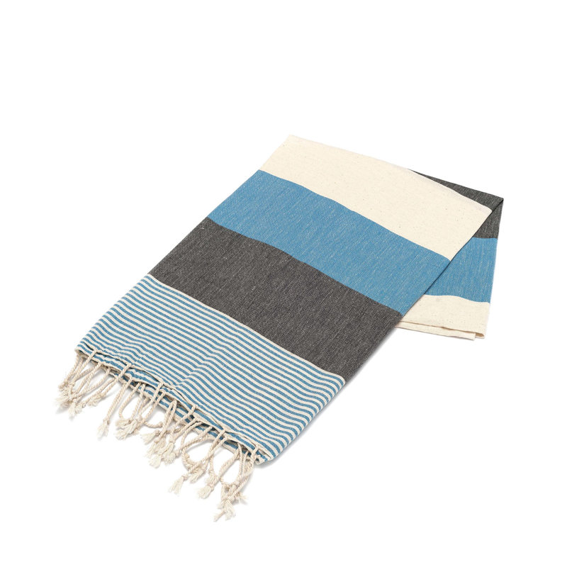 Serviette de plage 100% coton Clery, Bleu / écru / noir