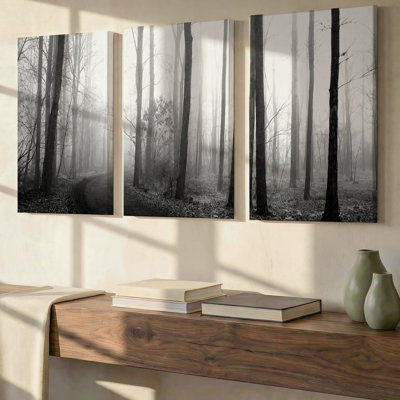 3 Pieces Exculisive Black and White Forest Large Wall Art Misty Woodland Path and Trees Panoramic, Canvas Decor for Living Room, Bedroom and Office