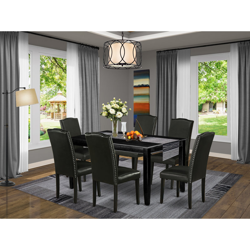 7 Piece Dining Table Set Consist of a Rectangle Kitchen Table and 6 Black Faux Leather Parson Dining Chairs, Black, Black, 7