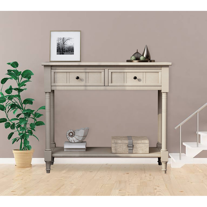 Floriean Rustic Vintage Farmhouse Style Console Table - 2 Drawers, Bottom Shelf, Retro Grey
