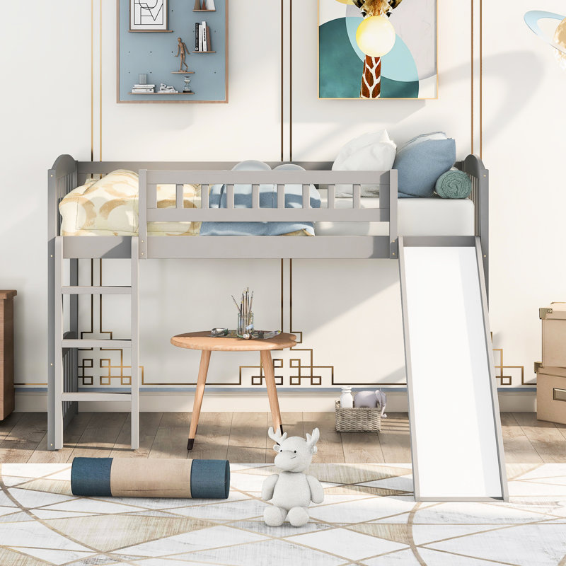Gray Twin Size Loft Bed With Slide And - Multi Functional Bed, Takes Advantage Of Floor Space, Pine Wood Construction, Stable Placement Frame, Works Well Decor, Built To Last, No Box Spring Required