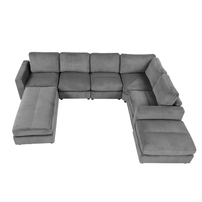 Canapé-lit modulaire 7 pièces avec repose-pieds Solenith, Velours côtelé gris
