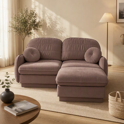 Chenille L-Shaped Loveseat Sofa with Movable Ottoman, Deep Seat Comfort, Quilted Back Cushions, Recessed Legs, and Modular Flexibility for Living Room