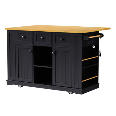 53Inch Kitchen Island With Power Supply, 2 Side Open Shelves, Height-Adjustable Black Large Cart Drop Leaf, Internal Storage, 5 Wheels, For Dining Room