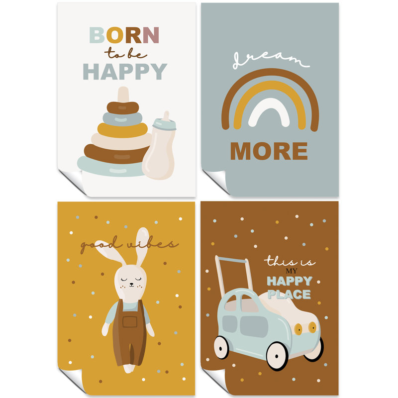 Born To Be Happy, Dream More, Good Vibes, And This Is My Happy Place - 4 Piece No Frame Print Set, 42cm H x 29.7cm W