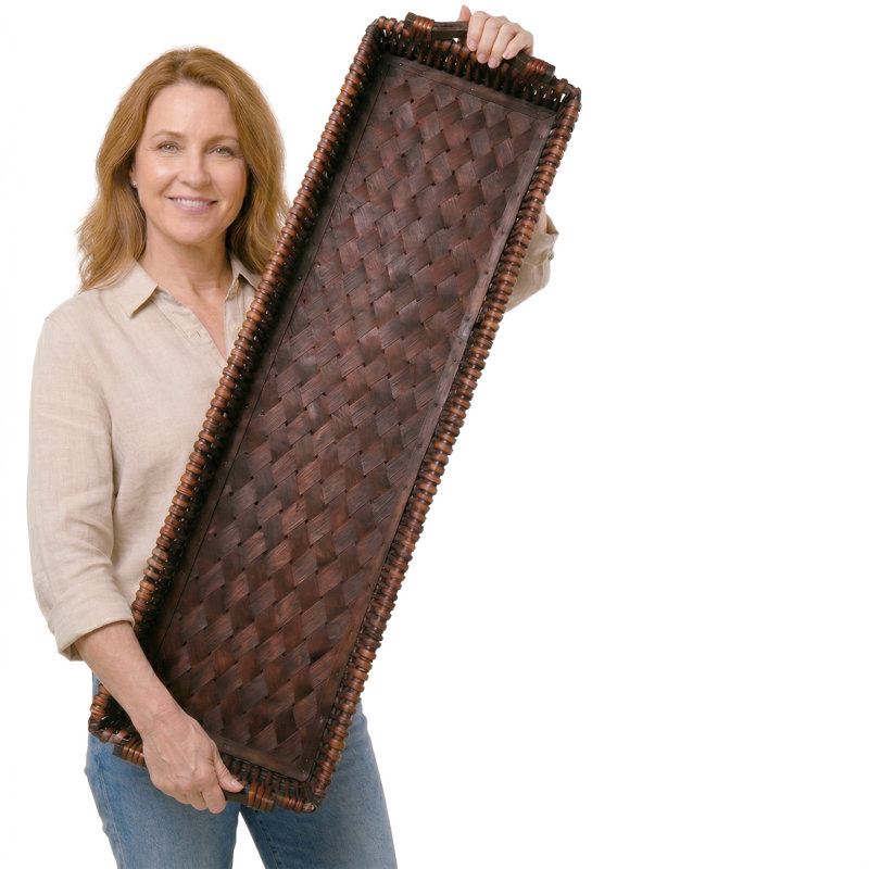 Handwoven 38" Extra-Long Willow Centerpiece Tray with Wood Base, Brown