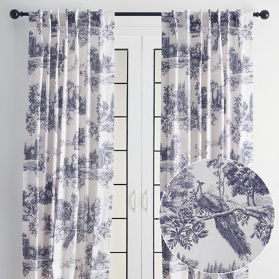 Maison d' Hermine Curtains for living room 100% Cotton 124 inch length Two Panels Light Filtering Toile Curtains for Bedroom Windows with rod and loop Pockets Drapes (Trianon Blue, 50"W x 124"L)