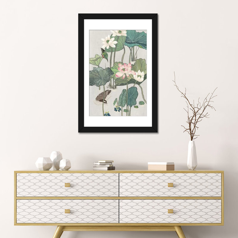 «Lotus Pond II», reproduction sur toile, H 24 po x l 16 po x P 1 po, Papier beaux-arts encadré noir, Blanc