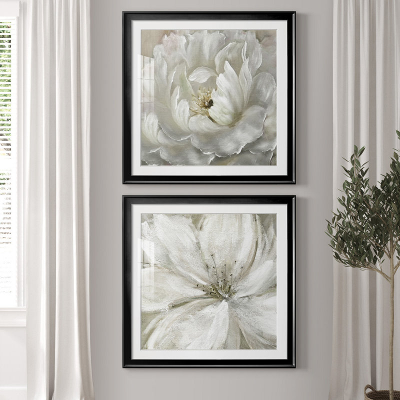 Pivoine parfaite - ensemble de 2 cadres photo sur papier, H 26,5 po x l 53 po x P 1,5 po, Papier encadré noir, Blanc