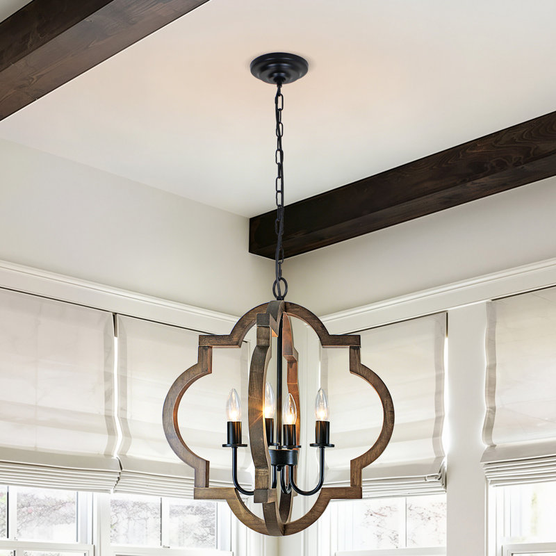 Lustre rustique en bois orbe 4 lumières pour îlot de cuisine 19,49 po Rustic, Brun clair/noir